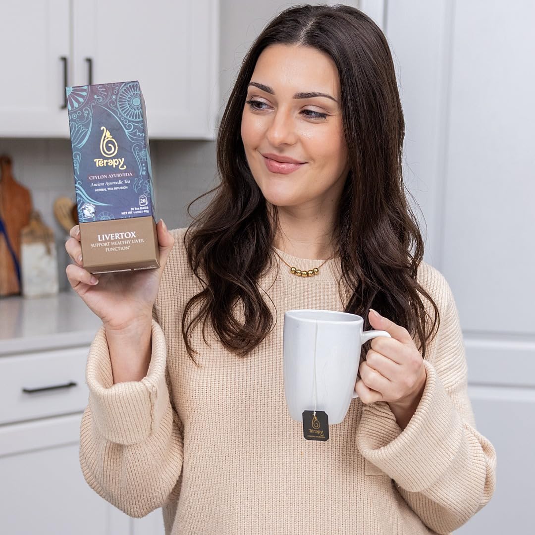 Térapy Ceylon LIVERTOX Organic Herbal Tea Bags | Helps with Liver Kidney Cleanse Detox & Repair | 100% Natural Ayurvedic Ingredients including Turmeric, Aloe Vera and Lemongrass | 20 Individually Wrapped Tea Bags