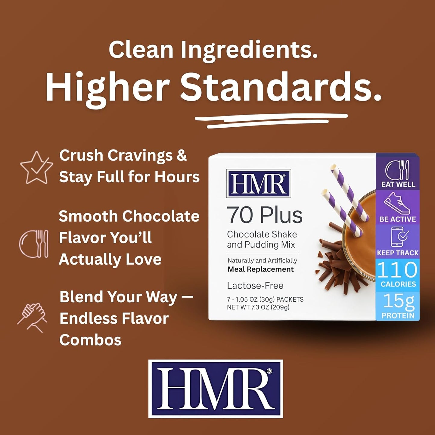 HMR 70 Plus Chocolate Shake & Pudding Mix | Meal Replacement Powder | Lactose-Free | 15g Protein | Easy to Make | Low Calorie | 7 Single Serving Packets each