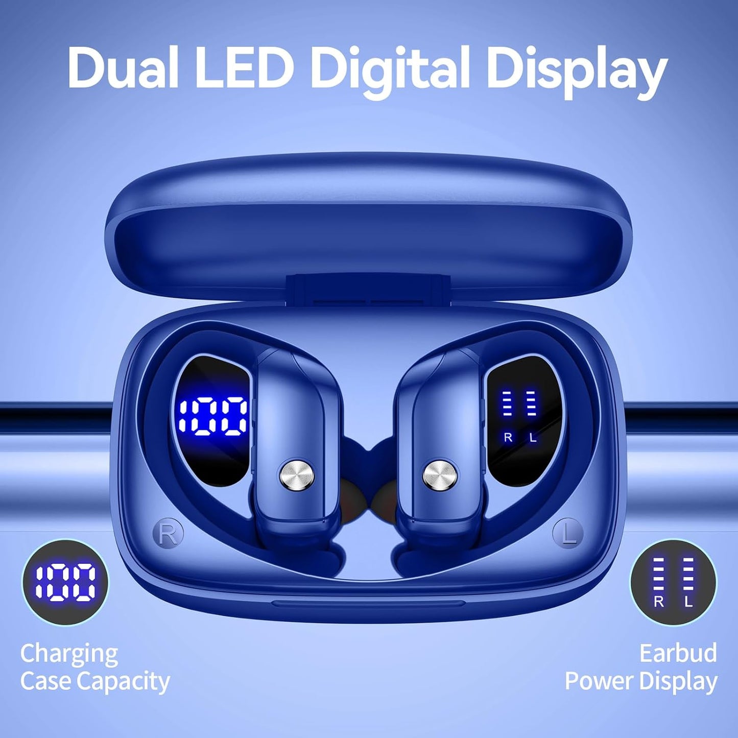 bmani Ear Buds Wireless Earbuds Bluetooth Headphones with 80H Playtime LED Display Case, Over-Ear Hook with Mic, Stereo Sound, Easy Button Controls, Sports Earphones for Running Workout Gym Blue