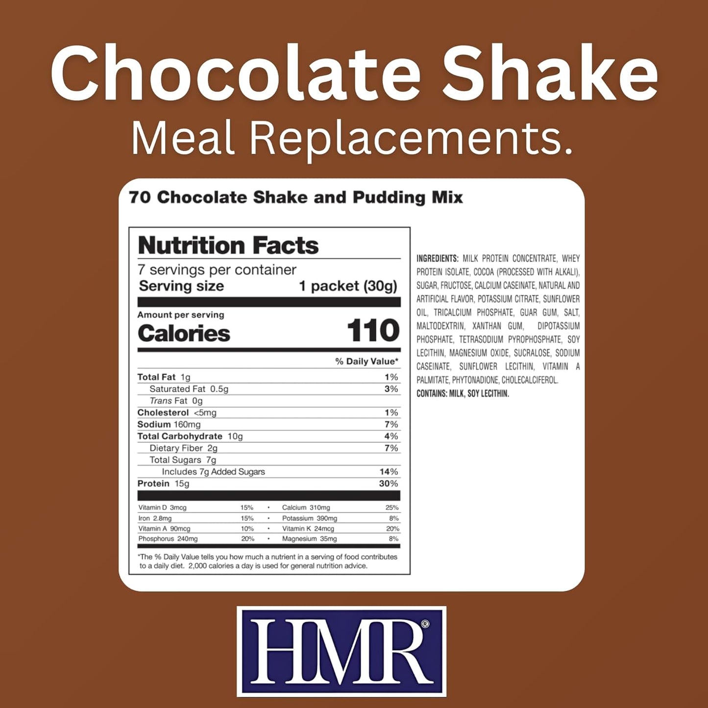 HMR 70 Plus Chocolate Shake & Pudding Mix | Meal Replacement Powder | Lactose-Free | 15g Protein | Easy to Make | Low Calorie | 7 Single Serving Packets each