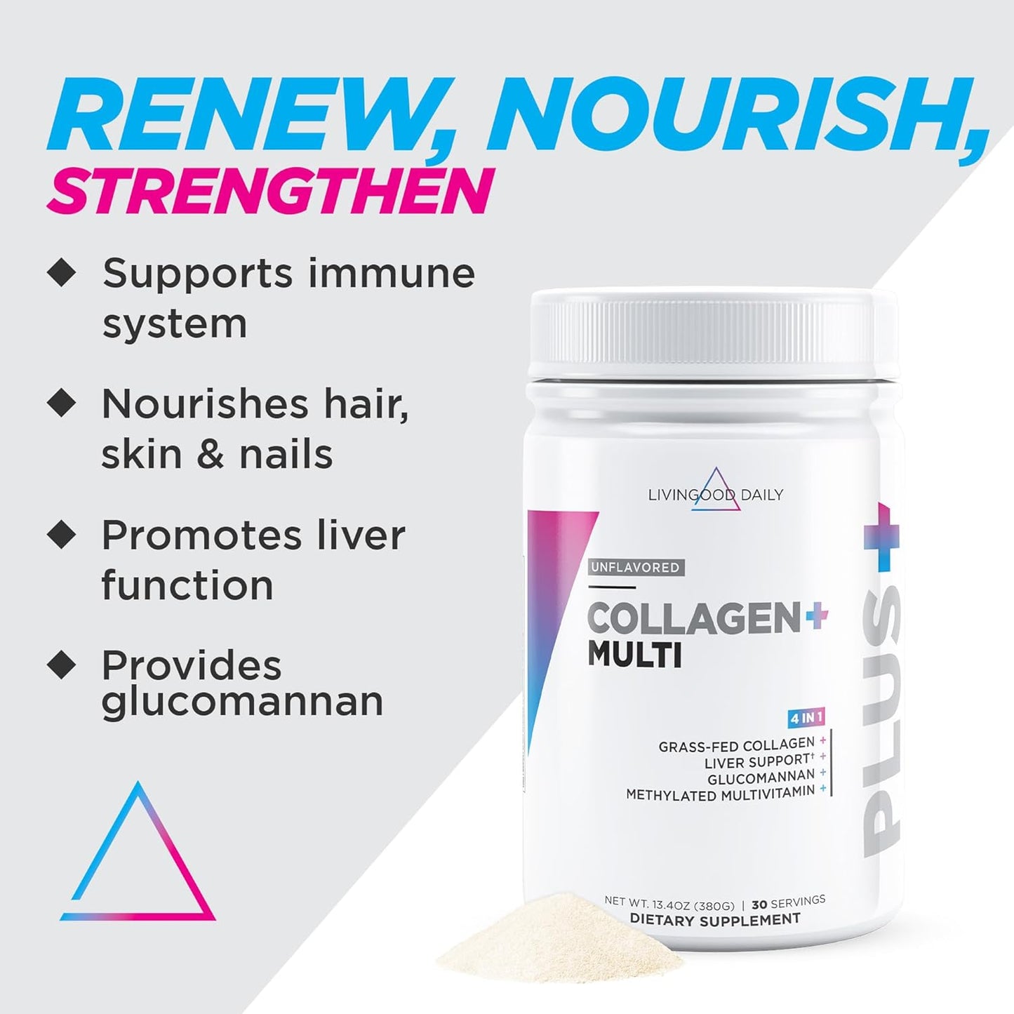 Livingood Daily Collagen Powder for Women & Men, Unflavored, Grass Fed Hydrolyzed Collagen Peptides, Protein & Multivitamins for Healthy Hair, Skin & Nails, Keto & Paleo, Gluten Free, 30 Servings