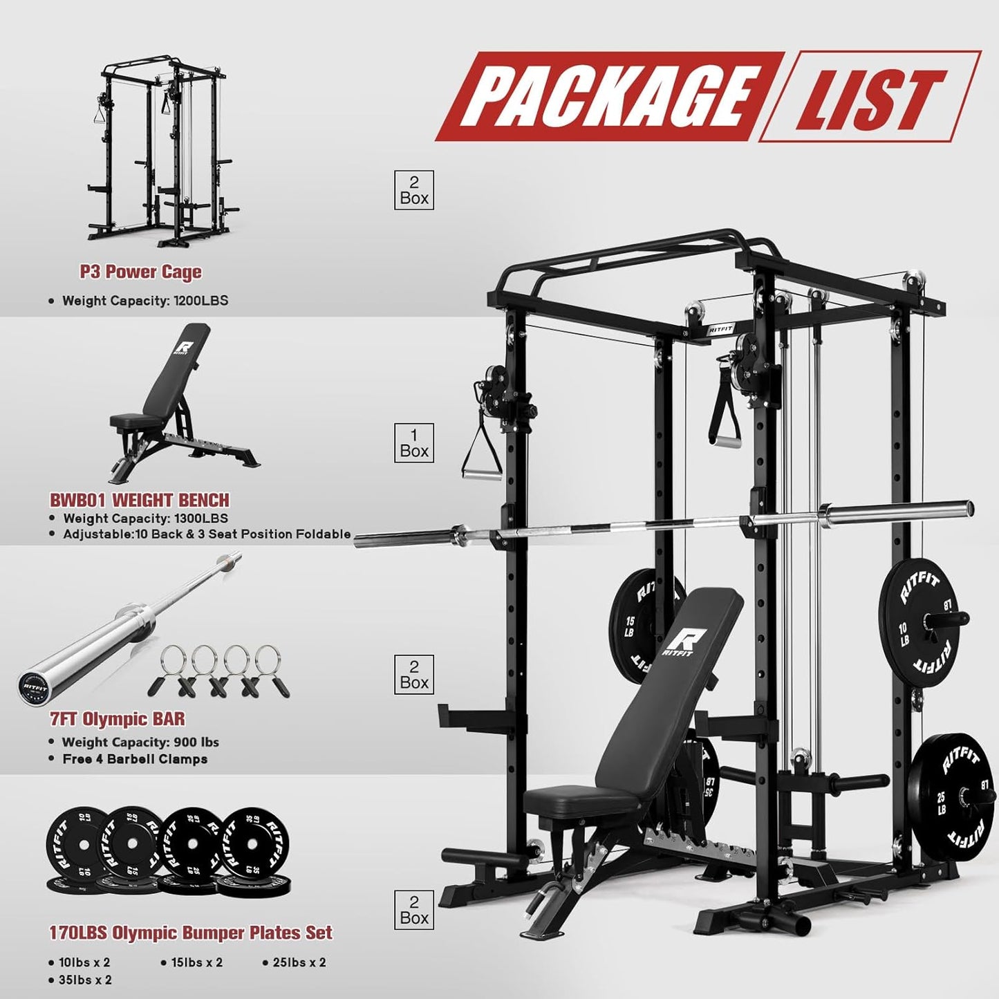 RitFit Power Cage with Optional LAT PullDown/Cable Crossover, 1000LB Squat Rack for Home & Garage Gym, with Weight Storage Rack and More Training Attachments, ASTM-Certified