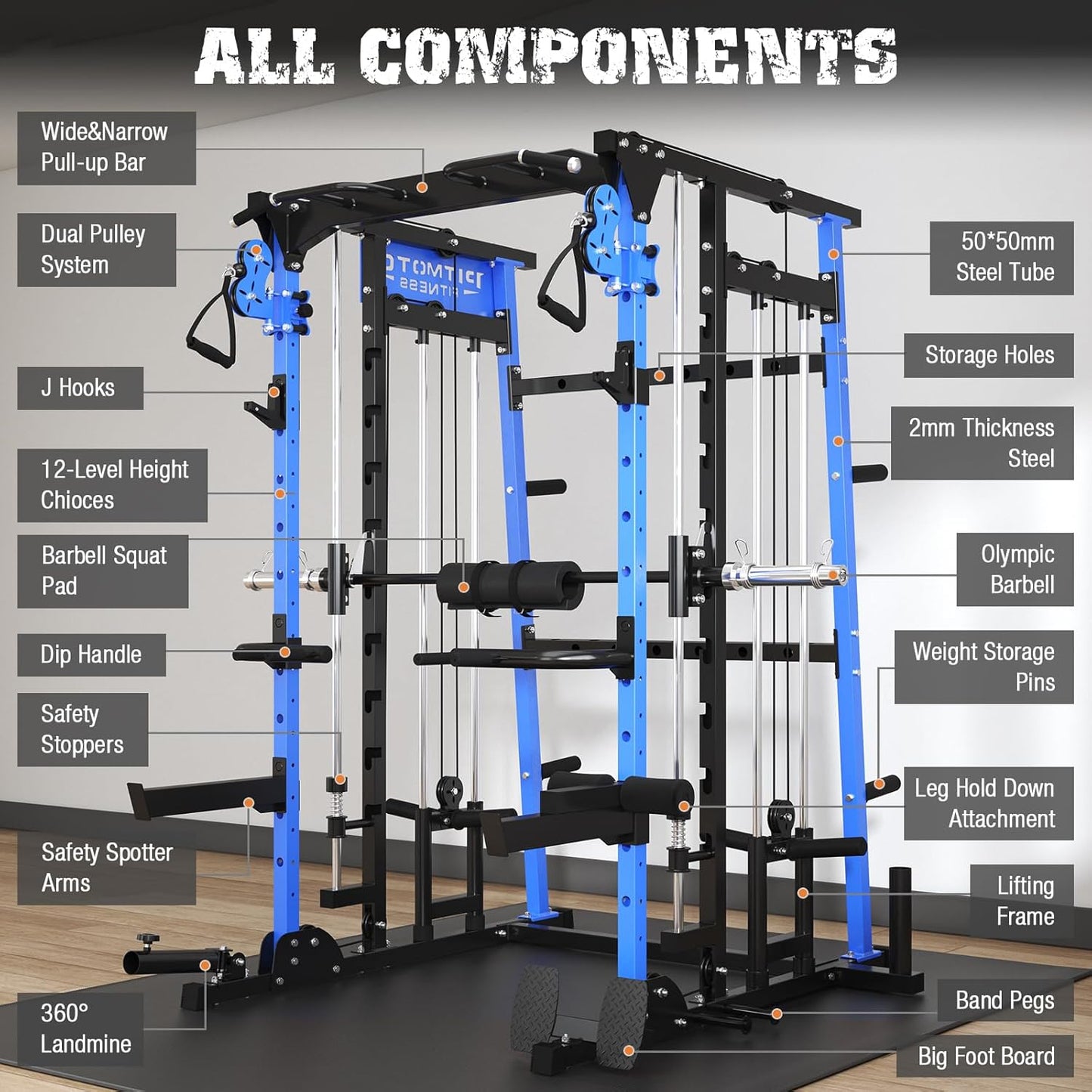 Smith Machine,2200 LBS Squat Rack for Home Gym with Dual Pulley System,Multifunctional Power Rack Cage for Strength Training with More Attachments