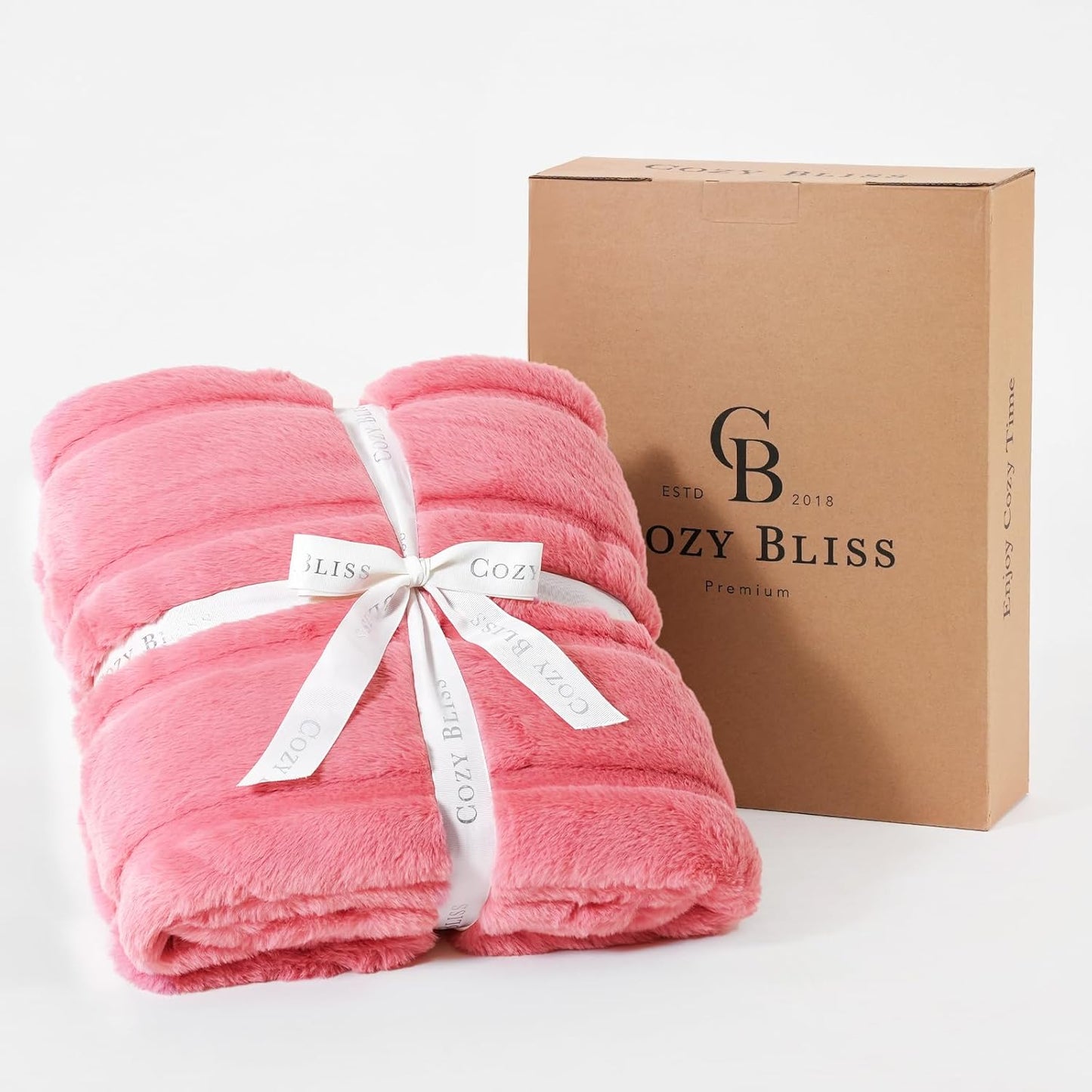 Cozy Bliss Faux Fur Throw Blanket for Couch, Cozy Warm Plush Striped Blanket for Sofa Bedroom Living Room, Pink