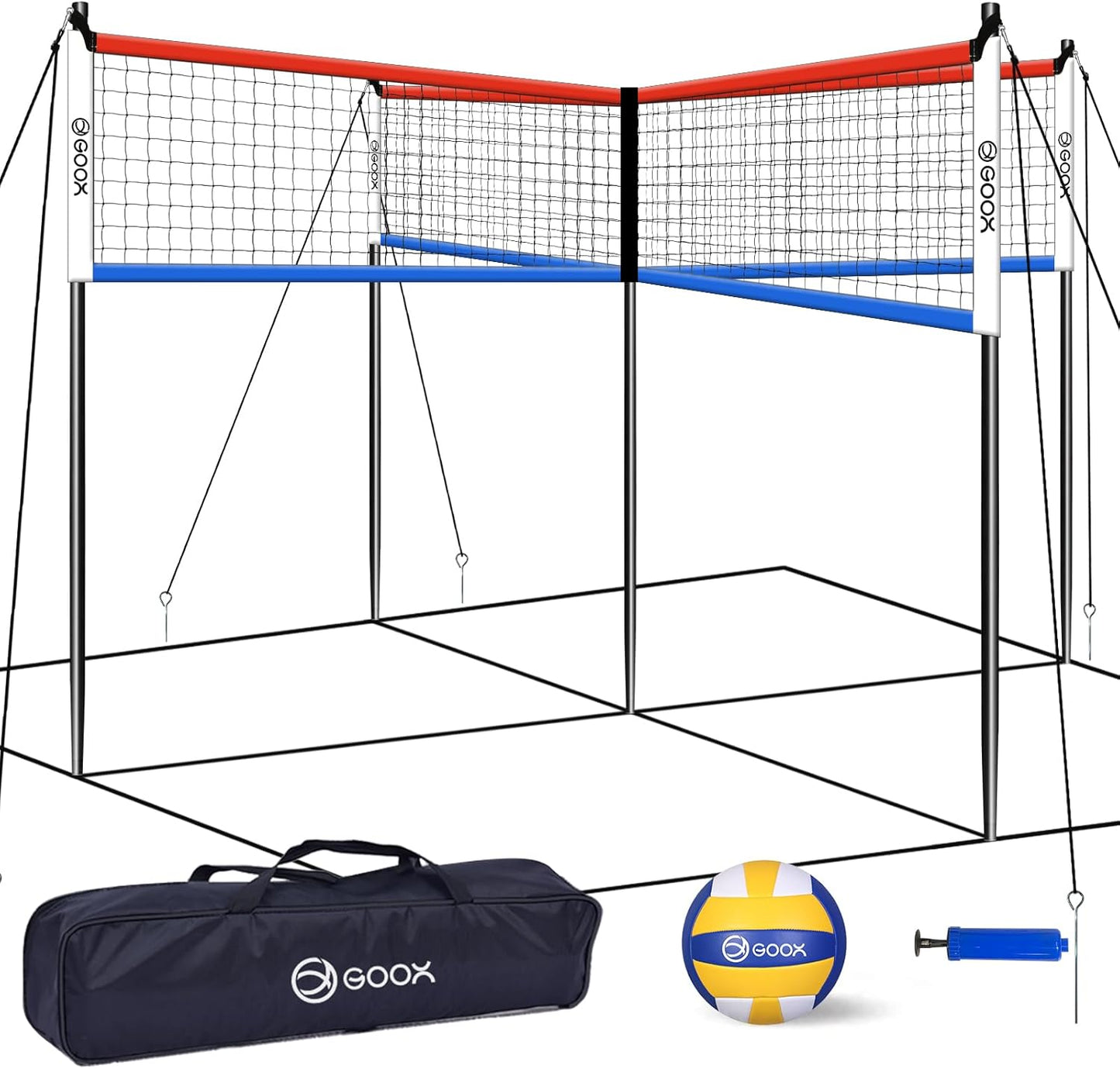GOOX 4 Square Volleyball Net Game Set, 14 FT 4-Way Volleyball Net for Backyard Beach Lawn, Portable Four Square Volleyball Net for Adults & Youths with Vollyball, Pump, Carry Bag