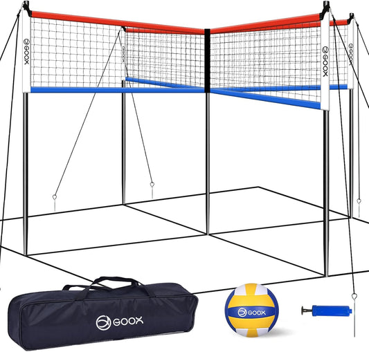 GOOX 4 Square Volleyball Net Game Set, 14 FT 4-Way Volleyball Net for Backyard Beach Lawn, Portable Four Square Volleyball Net for Adults & Youths with Vollyball, Pump, Carry Bag
