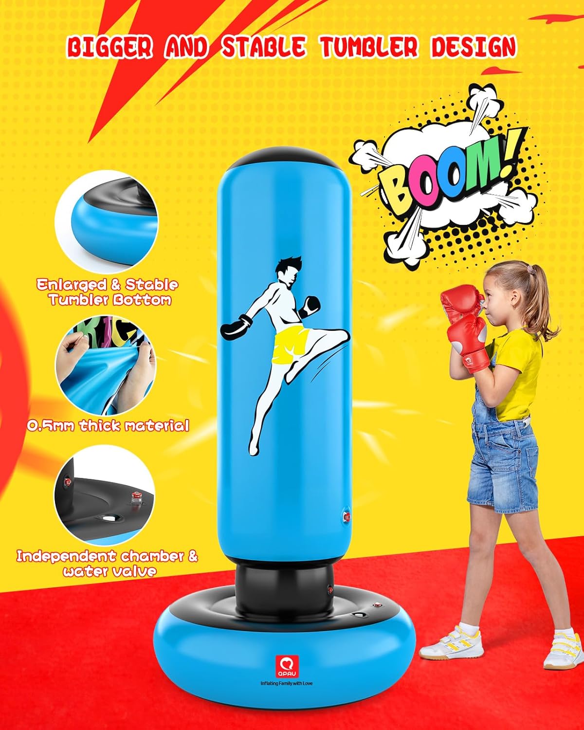 QPAU Kids Punching Bag Toy with Boxing Gloves, 66 Inch Larger Stable Kids Inflatable Boxing Bag Set, Gifts for Boys & Girls Age 6-12, for Practicing Karate, Taekwondo, MMA