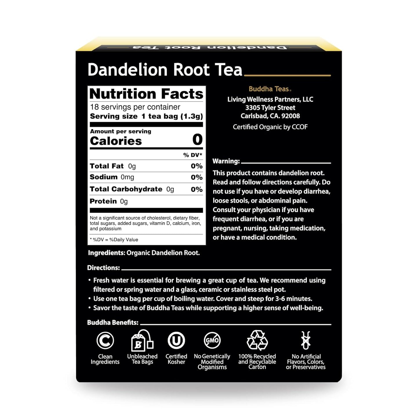 Buddha Teas Organic Dandelion Root Tea – 18 Bleach-Free Tea Bags – Caffeine-Free Tea with a Rich, Earthy Taste, Natural Source of Vitamins, Minerals, and Antioxidants, Kosher, GMO-Free