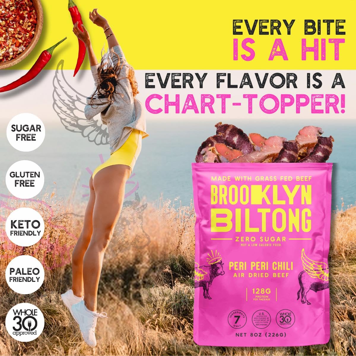 Brooklyn Biltong Air Dried Grass Fed Beef Snack, South African Beef Jerky (8 oz, Pack of 1) - Whole30 Approved, Paleo, Keto, Gluten Free, Sugar Free, Made in USA - (Peri Peri)