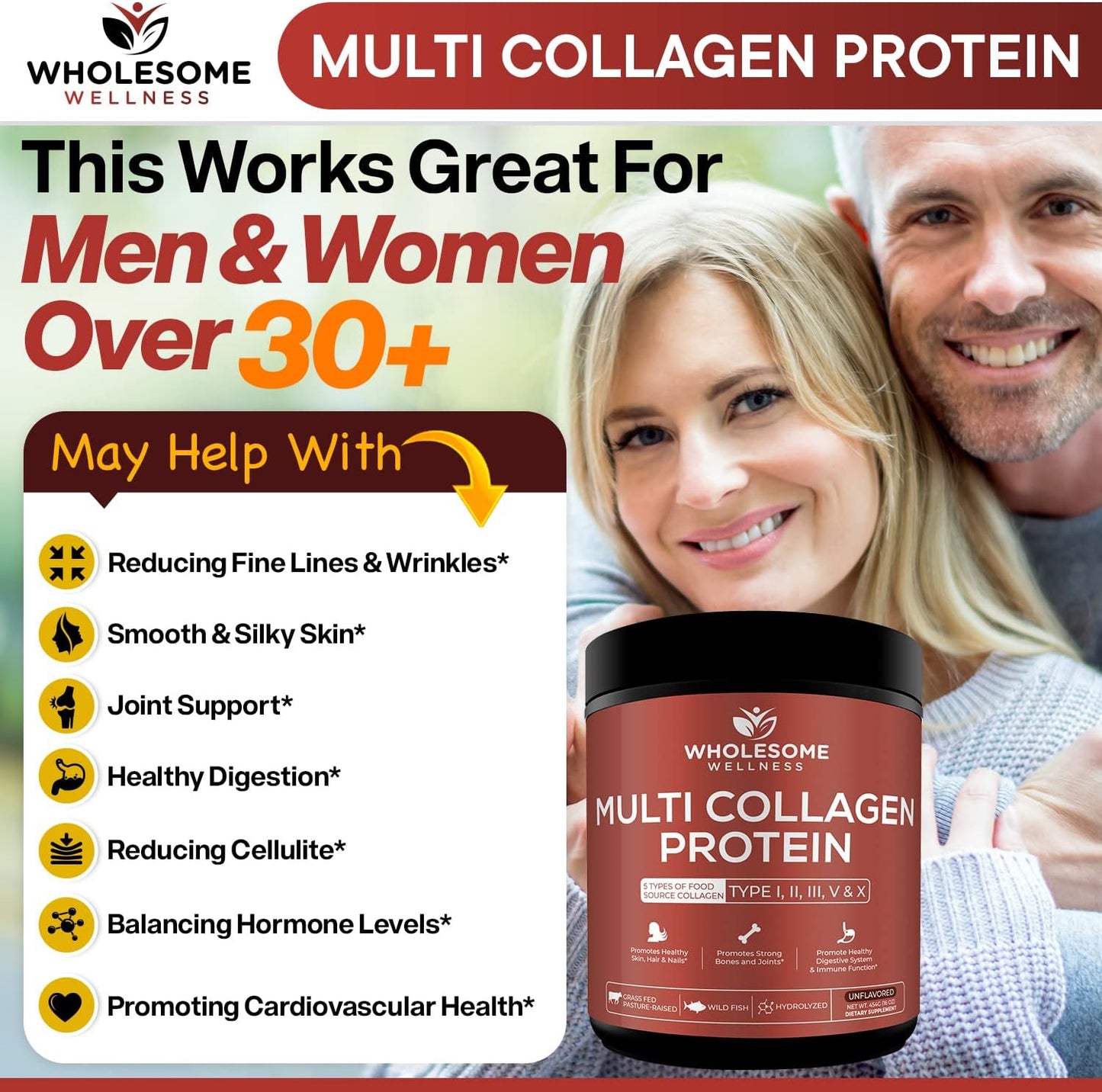 Wholesome Wellness Multi Collagen Protein Powder Hydrolyzed (Type I II III V X) Grass-Fed All-in-One Super Bone Broth + Peptides - Premium Blend of Beef, Chicken, Wild Fish, Eggshell, 58 Servings