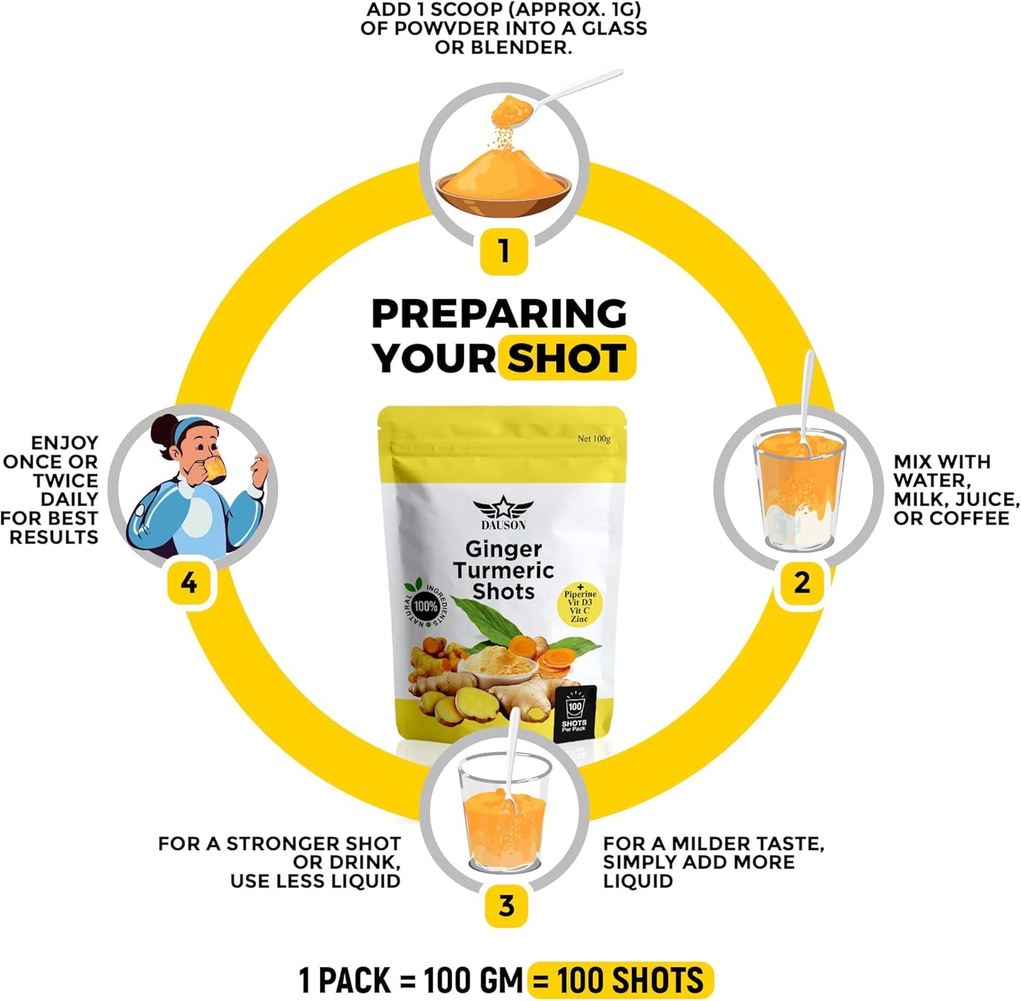 Ginger Turmeric Supplements with Piperine, Orange, Vitamin C, Vitamin D3 & Zinc | Ginger Turmeric Shots for Joint, Heart, Brain, Gut & Skin Health | 100 Servings | Ayurvedic | Powder