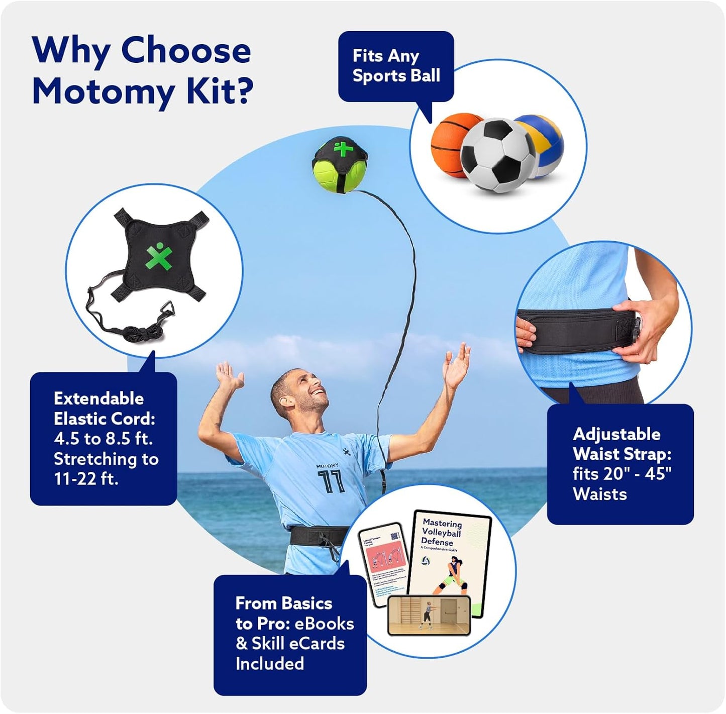 MOTOMY™ Volleyball Training Equipment Aid ‘VolleyPal’ – Solo Rebounder Trainer for Serve, Spike, Set & Pass; Indoor and Outdoor Practice Gear Gifts for Beginners & Experts