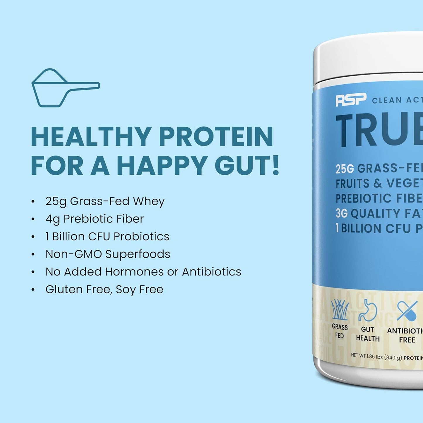TrueFit Gut Healthy Protein Powder, Grass-Fed Whey Meal Replacement Shake with Prebiotics, Probiotics, & Organic Superfoods, Keto, Gluten Free 1.85 lbs