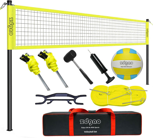 Volleyball Net Outdoor - Portable Volleyball Set for Backyard with Professional Volleyball Net, Wrap Yarn Volleyball and Pump, Boundary Line, Carry Bag
