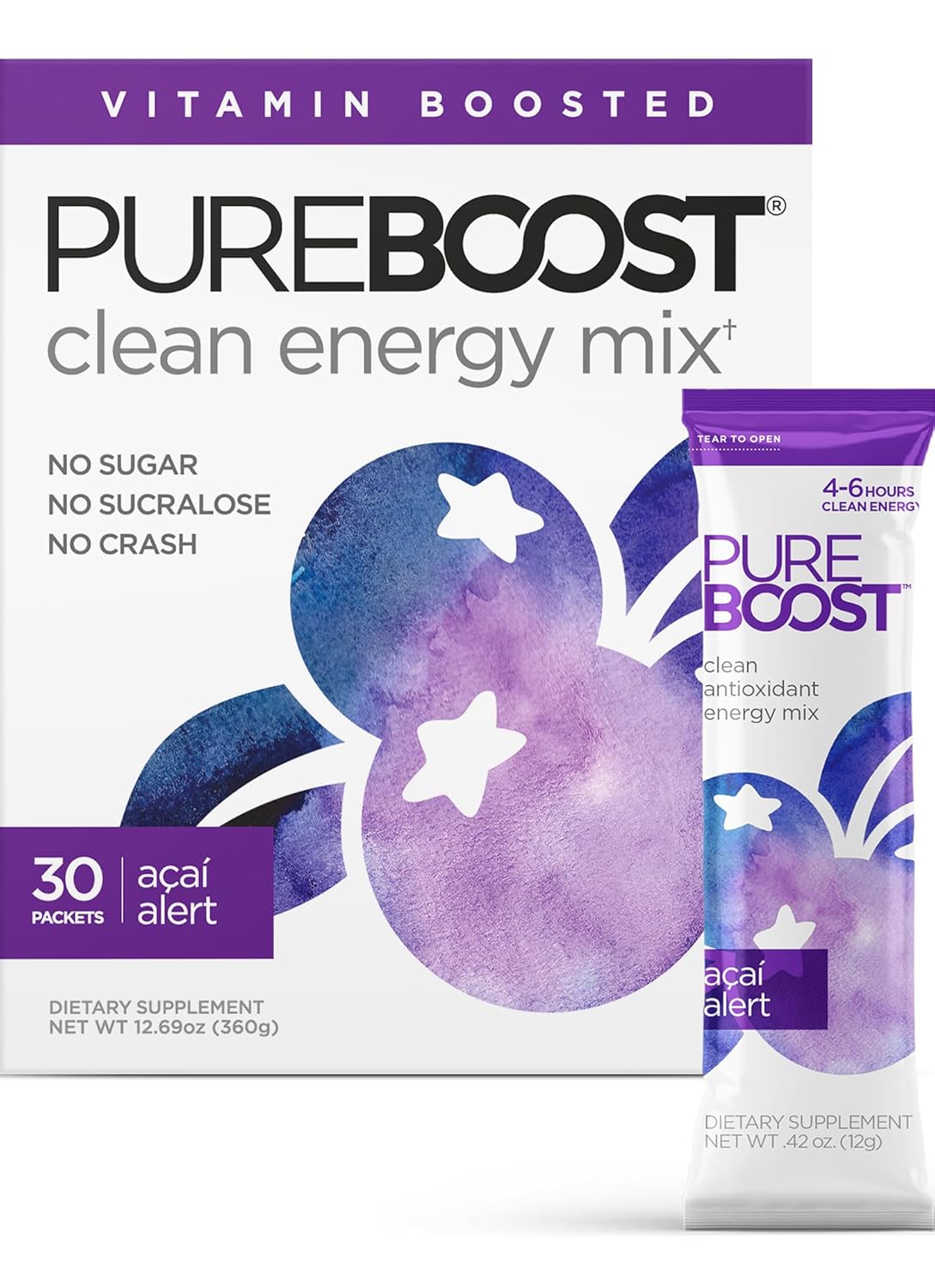 Pureboost Clean Energy Booster, Refreshing Energy Drink Mix with B12 Vitamins, Electrolytes, Antioxidants, Sugar-Free with No Sucralose (Acai Alert, 30 Count)