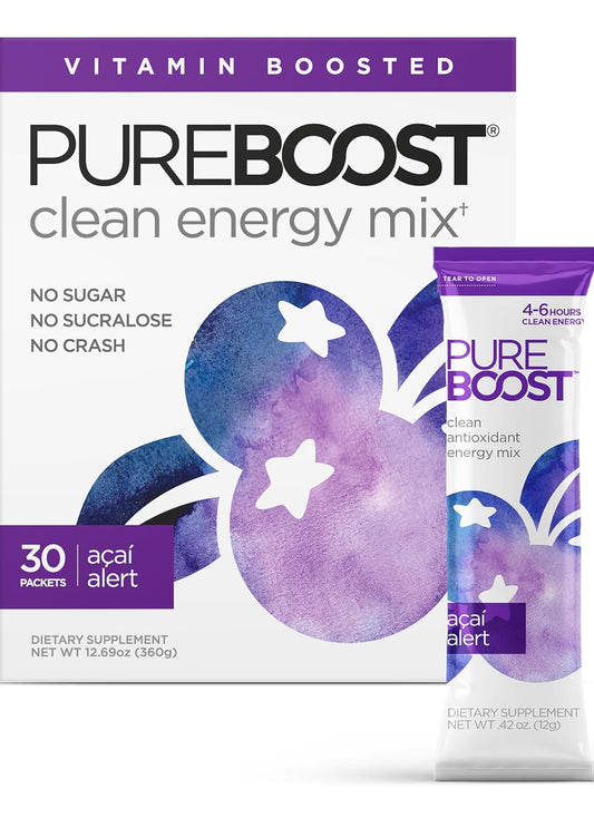 Pureboost Clean Energy Booster, Refreshing Energy Drink Mix with B12 Vitamins, Electrolytes, Antioxidants, Sugar-Free with No Sucralose (Acai Alert, 30 Count)