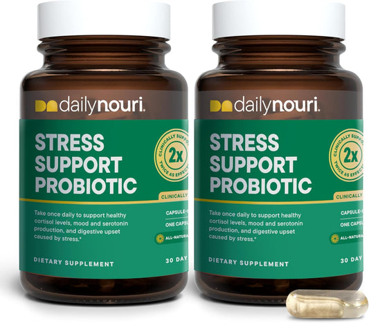 Nouri Daily Stress Support Probiotic for Women & Men | Supports Cortisol Management, Stress Relief, Mood, Digestion & Gut Health | 3 Clinically Studied Strains + Vegan Omega Oil | 30-Day Supply