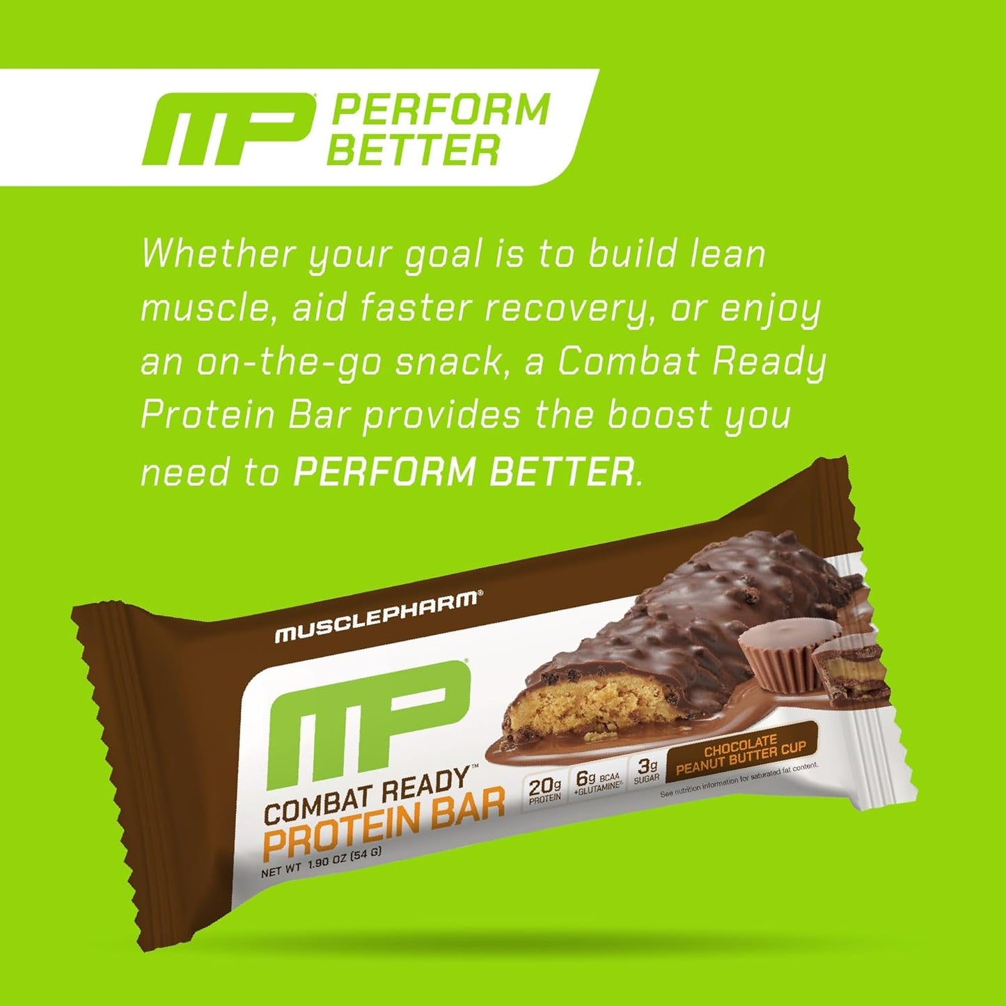 MusclePharm Combat Ready Chocolate Peanut Butter Cup, High Protein Bars, Combat Cravings, Fuel Performance & Meet Energy Demands, 20g Protein from Whey Protein, 5g Fiber, Gluten Free, 4 Bars