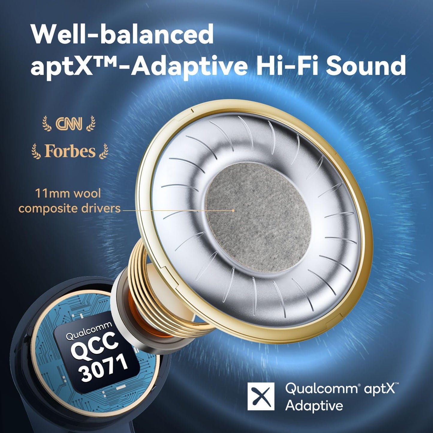 EarFun Air Pro 3 Noise Cancelling Wireless Earbuds, Qualcomm® aptX™ Adaptive Sound, 6 Mics CVC 8.0 ENC, Bluetooth 5.3 Earbuds, Multipoint Connection, 45H Playtime, App Customize EQ, Blue