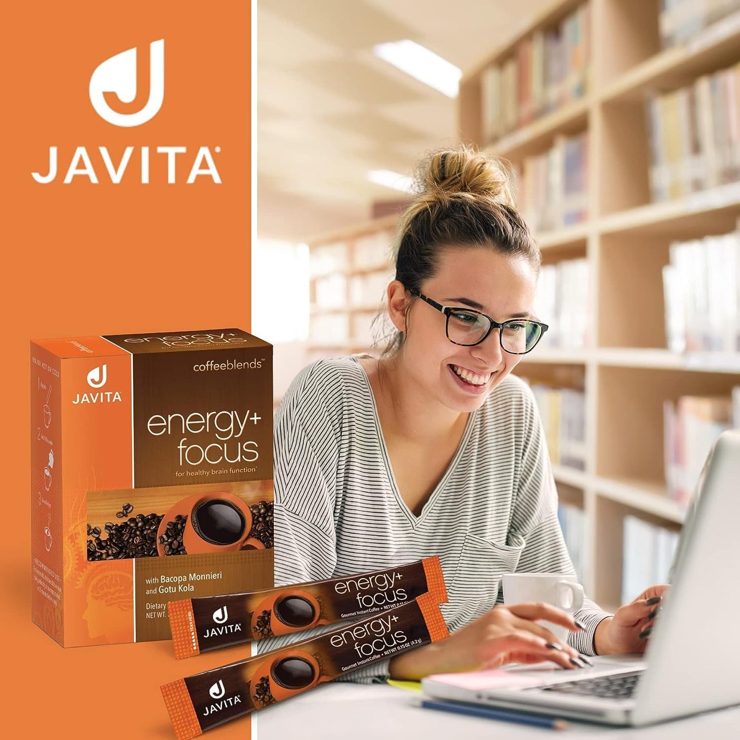 Javita Energy + Focus Instant Coffee Packets, 100% South American Arabica & Robusta Blend, plus Herbs for Clarity, Energy, & Focus, Keto, Dieters Drink, 4 boxes of 24 (4.2g) sticks