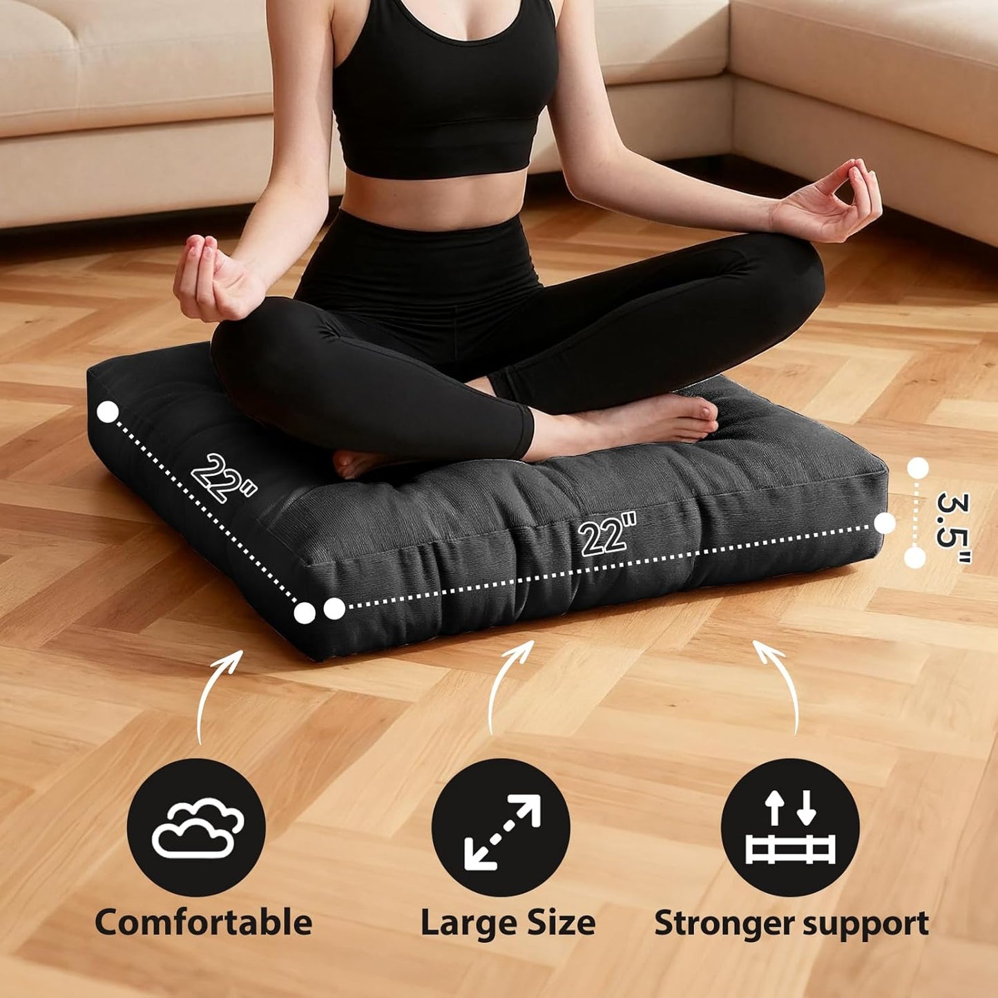 Tiita Square Floor Pillow, Thicken Tufted Seat Cushion, Floor Cushion for Yoga Meditation Living Room Balcony Office Outdoor, Set of 2, 22x22 Inch, Black