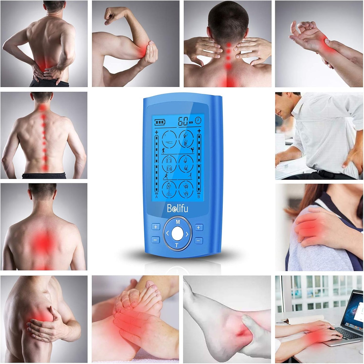 Belifu Dual Channel TENS EMS Unit 24 Modes Muscle Stimulator for Pain Relief Therapy, Electronic Pulse Massager Muscle Massager with 10 Pads, Dust-Proof Drawstring Storage Bag, Fastening Cable Ties