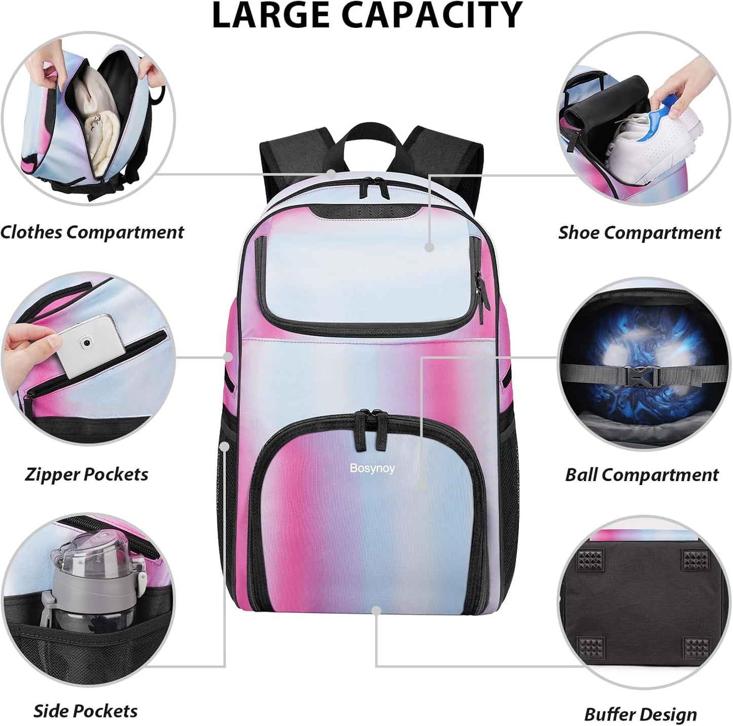 Bosynoy Bowling Backpack, Bowling Ball Bag Totes for Single Ball with Shoe Compartment & Foam Padded, Fits Shoes Up to US Mens Size 16, Grey