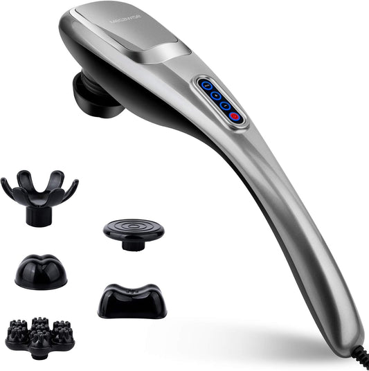 MEGAWISE Handheld Back Massager | Deep Tissue Percussion Massage for Back, Neck, Shoulders, Waist and Legs (Silver Grey) with 6ft Power Cord, Ergonomic Handle