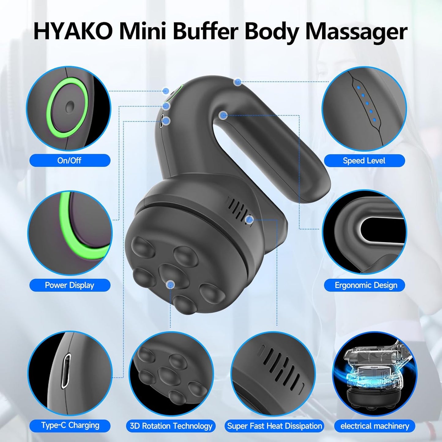 HYAKO Handheld Professional Mini Orbital Buffer Relief Massager, Adjustable Multi-Speed Vibration Deep Tissue Body Chiropractic Massager for Neck, Shoulder, Leg,Back muscle pain relief massage therapy
