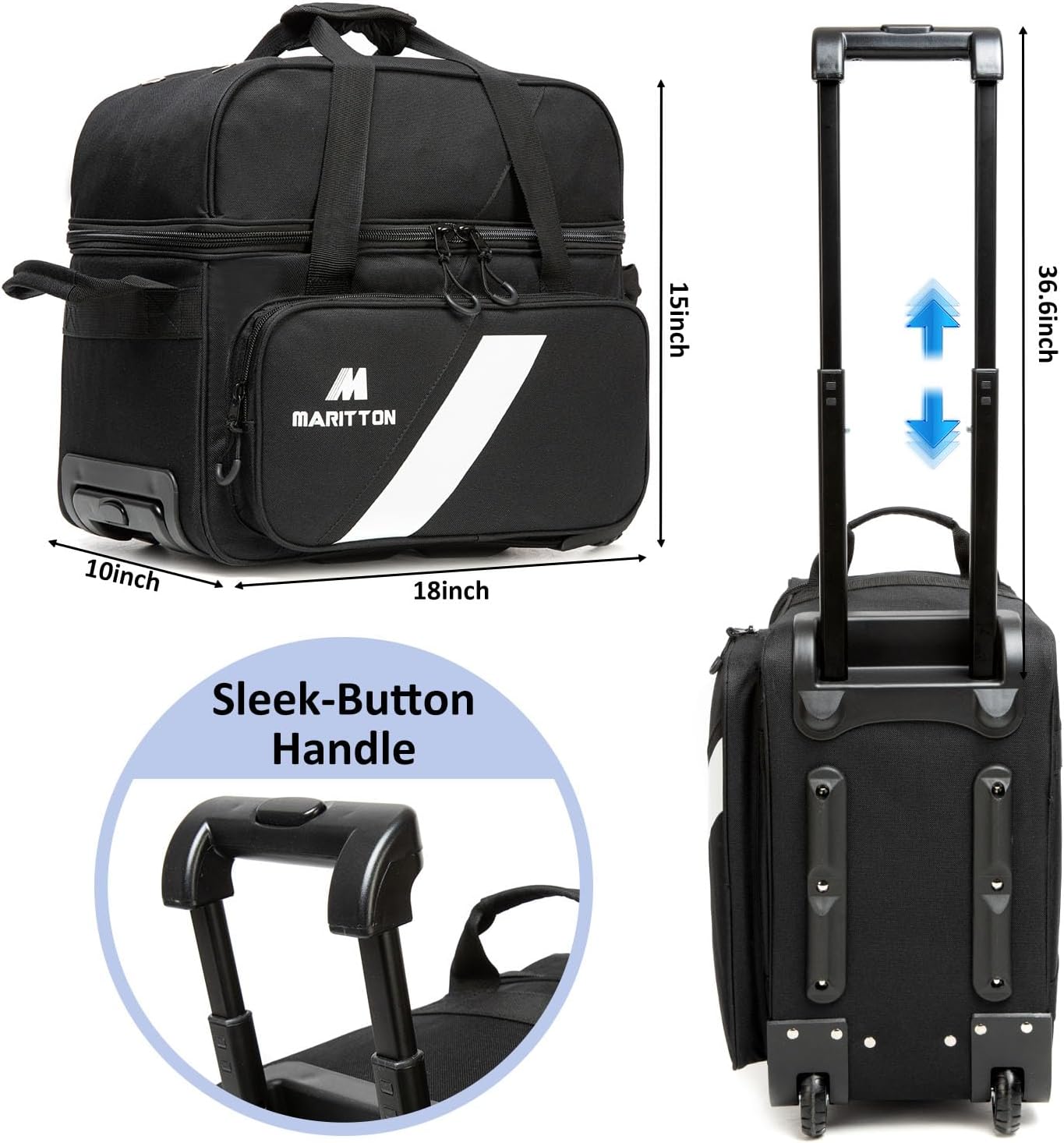 Bowling Bag with Wheels Double Roller 2 Ball Bowling Separate Shoe Compartment and Oversized Accessory Pocket, 36.6" Extendable Handle.