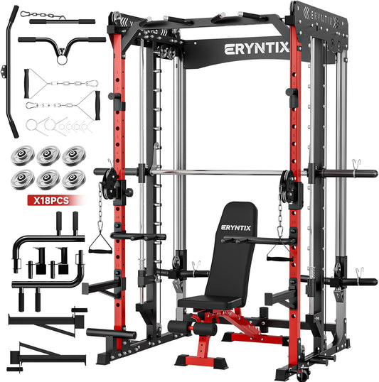 Smith Machine Power Rack | All-in-One Power Cage with Adjustable J-Hooks, Squat Rack for Home Gym, Cable Machine & Pull-Up Bar | Home and Garage Gym Equipment for Strength Training