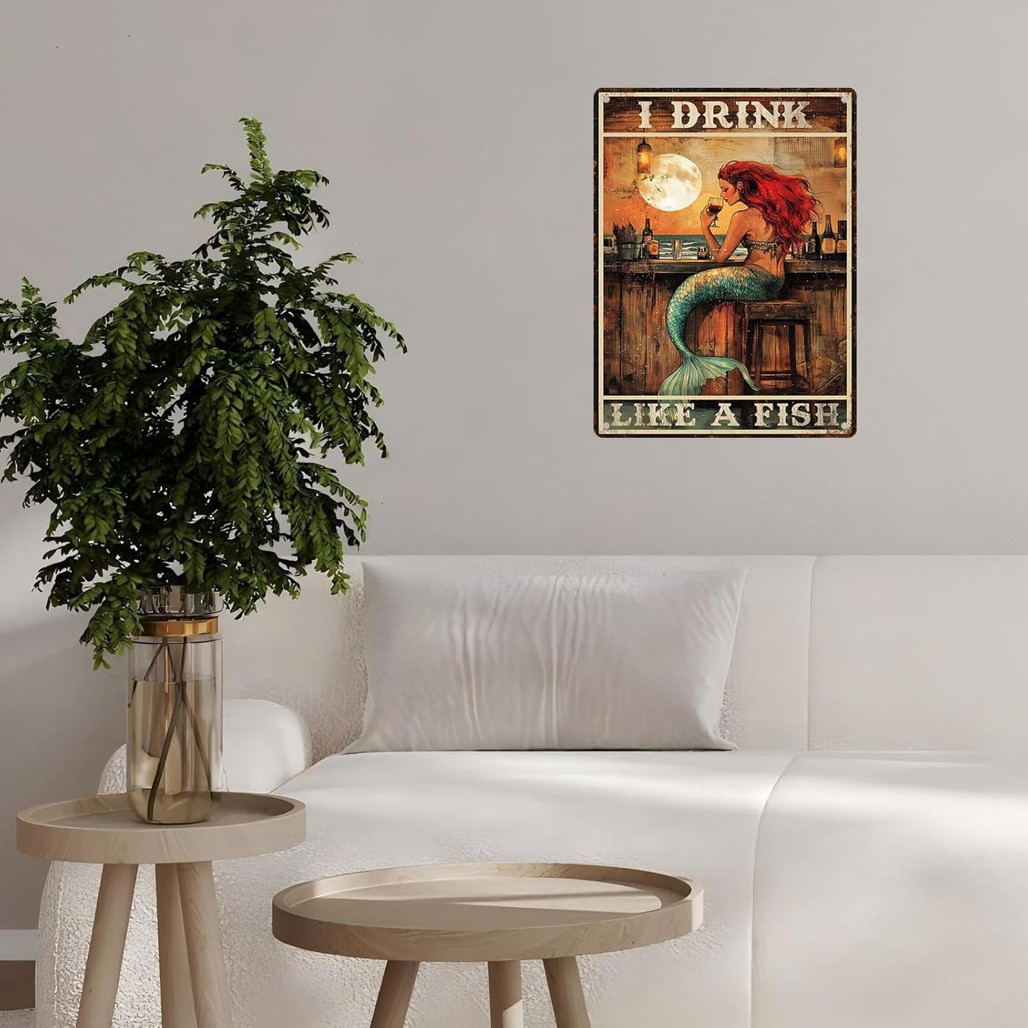 Vintage Mermaid Tin Sign I Drink Like A Fish Retro Wall Decor Decorations for Home Funny Wine Lover Nostalgic Metal Poster Indoor Store Cafe Toilet Kitchen Garden Bar Pubs Man cave 12 * 16inch