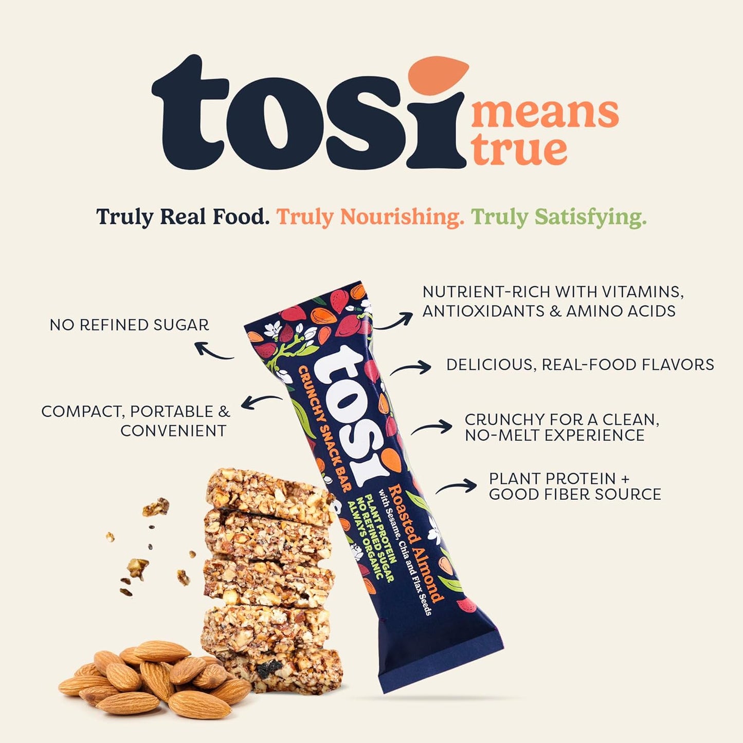 Tosi Almond Protein Bars, Plant Based with Nuts, Gluten-Free Crunchy Snacks, Vegan, Organic, Flax & Chia Seeds, Soy-Free, Omega 3s, 5G Protein, 1oz, 12-Pack