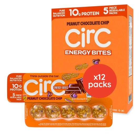 CirC Energy Bites - 12 Pack Peanut Chocolate Chip Gluten Free Protein Balls - 10g Protein, Whole Grains, Nuts & Fruit - Portable Healthy Snacks for Adults & Kids, 5 Piece Resealable Packs