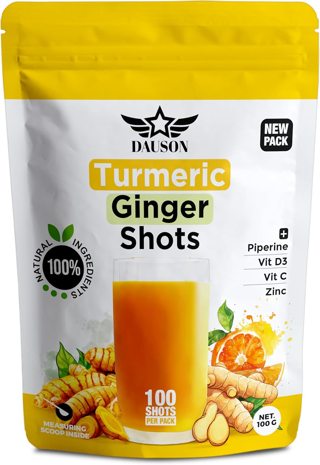 Turmeric Ginger Supplements with Piperine, Vitamin C, Vitamin D3 & Zinc | Turmeric Ginger Shots for Joint, Heart, Brain, Gut & Skin Health | 100 Servings | Ayurvedic | Powder