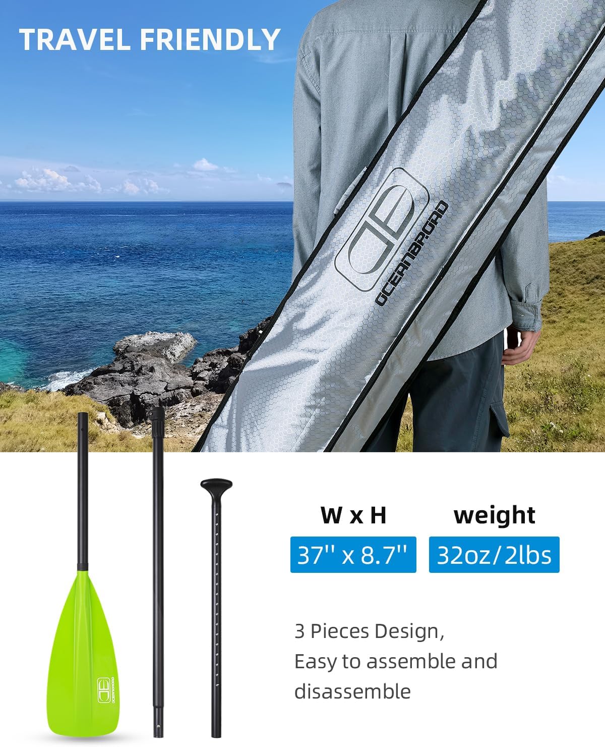 OCEANBROAD SUP Paddle - Adjustable Stand-Up Paddle for Paddleboard Kayak, Adjustable Aluminum Alloy Shaft with Reinforced Nylon Blades