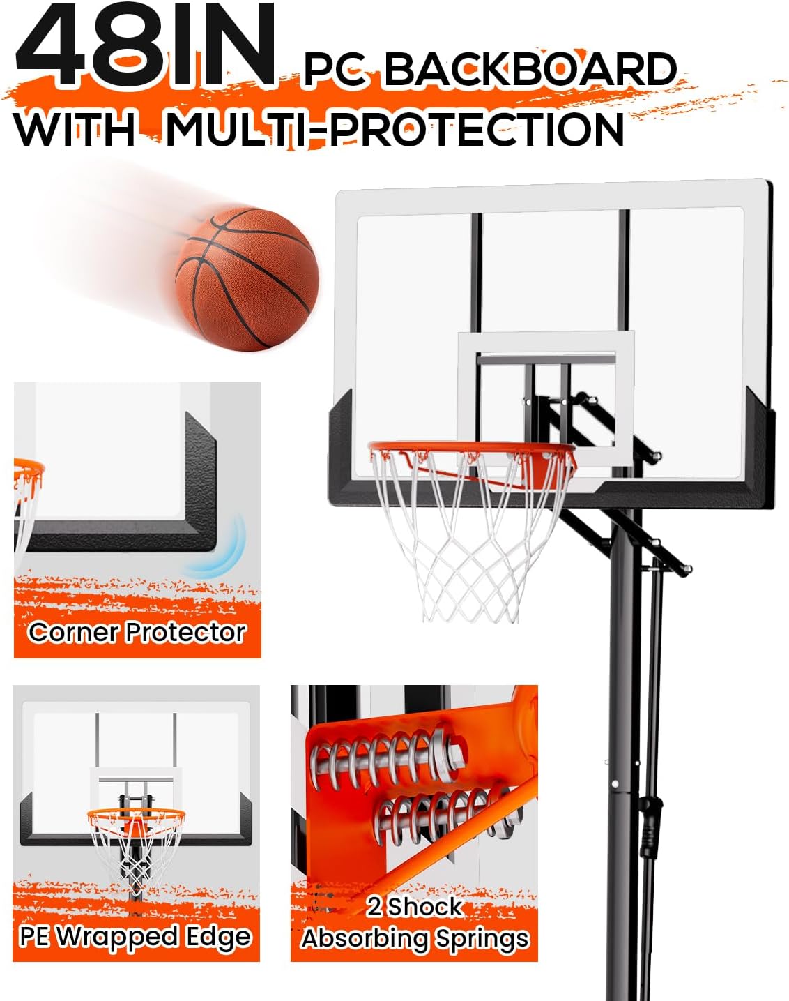 Basketball Hoop Outdoor with 45 Inch Shatterproof Backboard, Portable Basketball Goal System 4.8-10ft Height Adjustable for Kids, Youth, Adults, Backyard/Driveway/Indoor