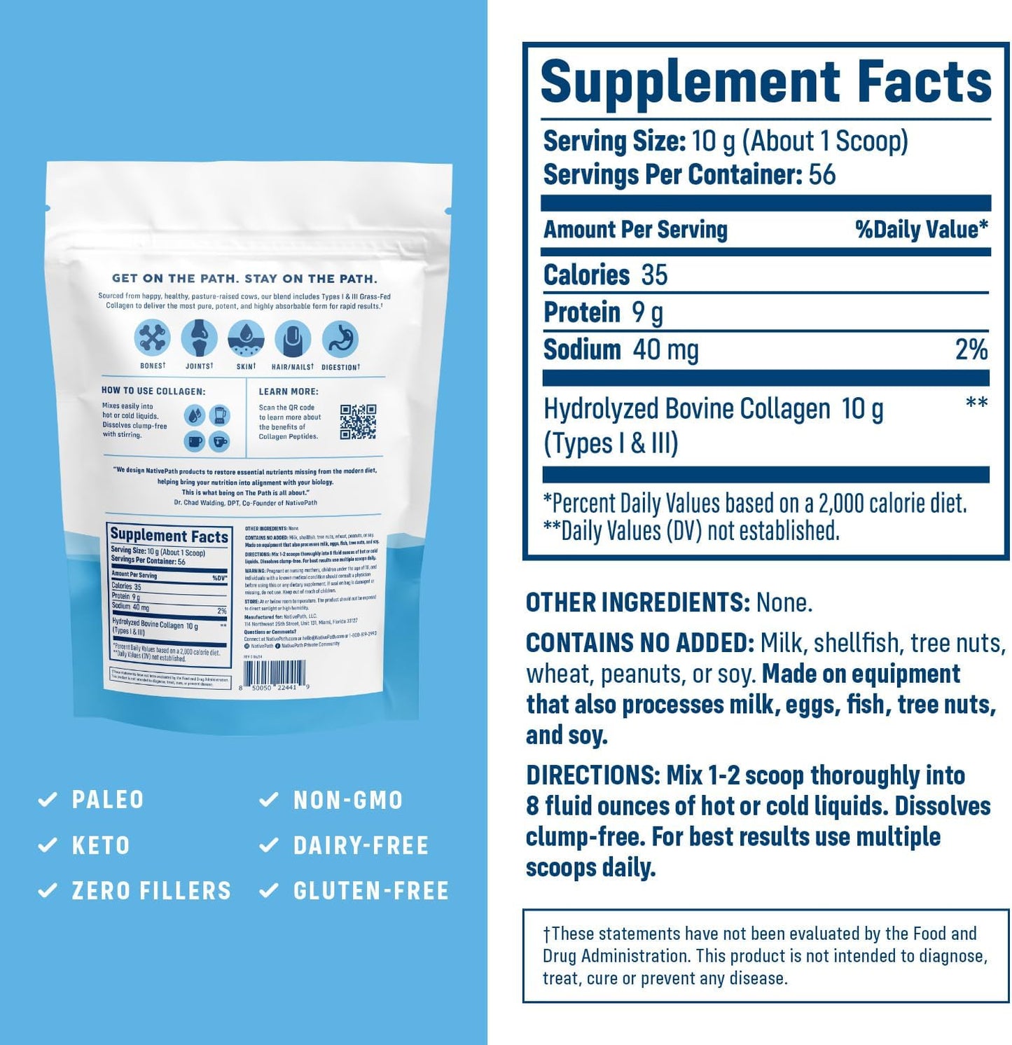 NativePath Collagen Peptides Protein - Hydrolyzed Type 1 & 3 Collagen Powder for Skin, Hair, Nails - 19.8 oz (56 Servings)