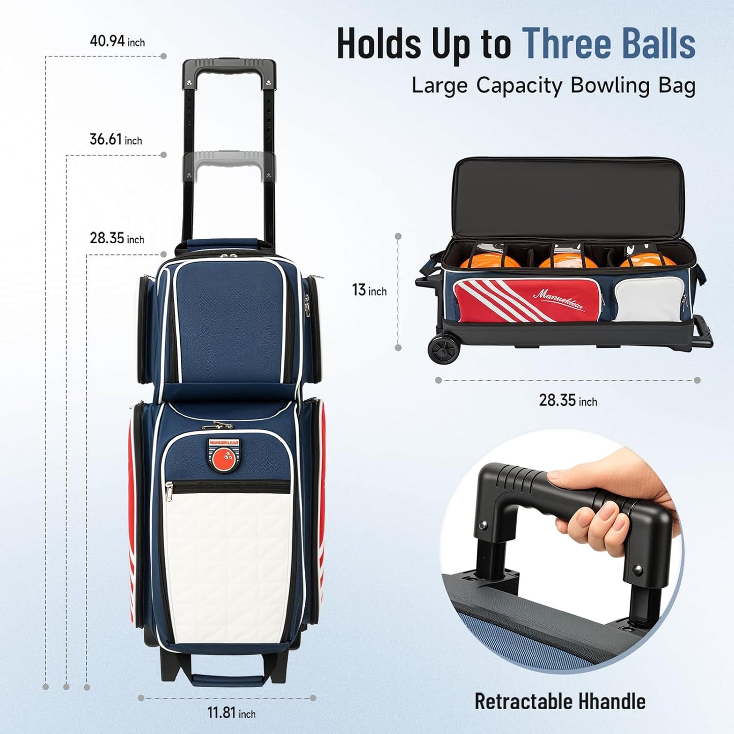 MANUEKLEAR 3 Ball Bowling Bags with Wheels, Bowling Ball Bag 3 Ball Roller with Accessory Pockets and Shoe Compartment