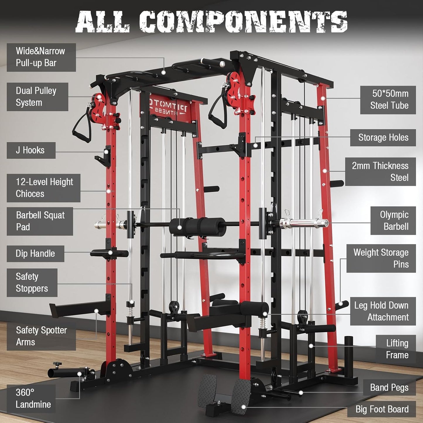 Smith Machine,2200 LBS Squat Rack for Home Gym with Dual Pulley System,Multifunctional Power Rack Cage for Strength Training with More Attachments