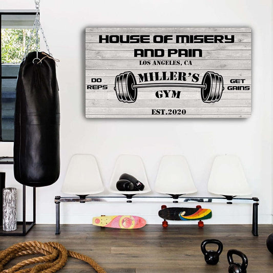 Tailored Canvases Personalized Gym Sign Wall Art Decor - Motivational Canvas for Home Gym, Workout Room, Garage, Fitness Center - Workout Inspirational Posters - House of Misery and Pain, White Wood 36x12in