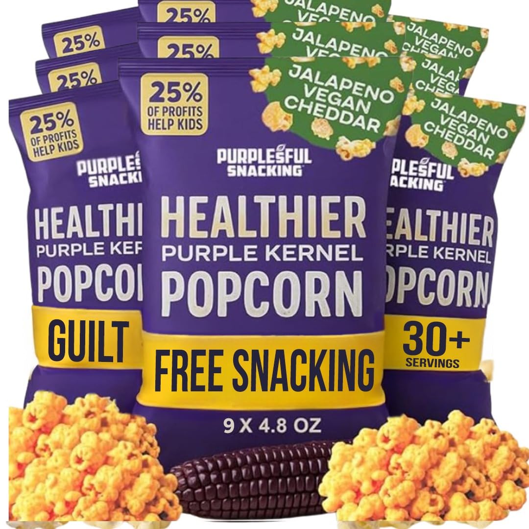 Purplesful Purple Corn Popcorn, Silkier, Creamier & Healthy Popcorn, Vegan-Friendly, Non-GMO, Flavorful Popped Corn Gourmet Snack, Jalapeno Cheddar, Big Bulk Pack - 4.8 Oz Per Pack (Pack of 9)