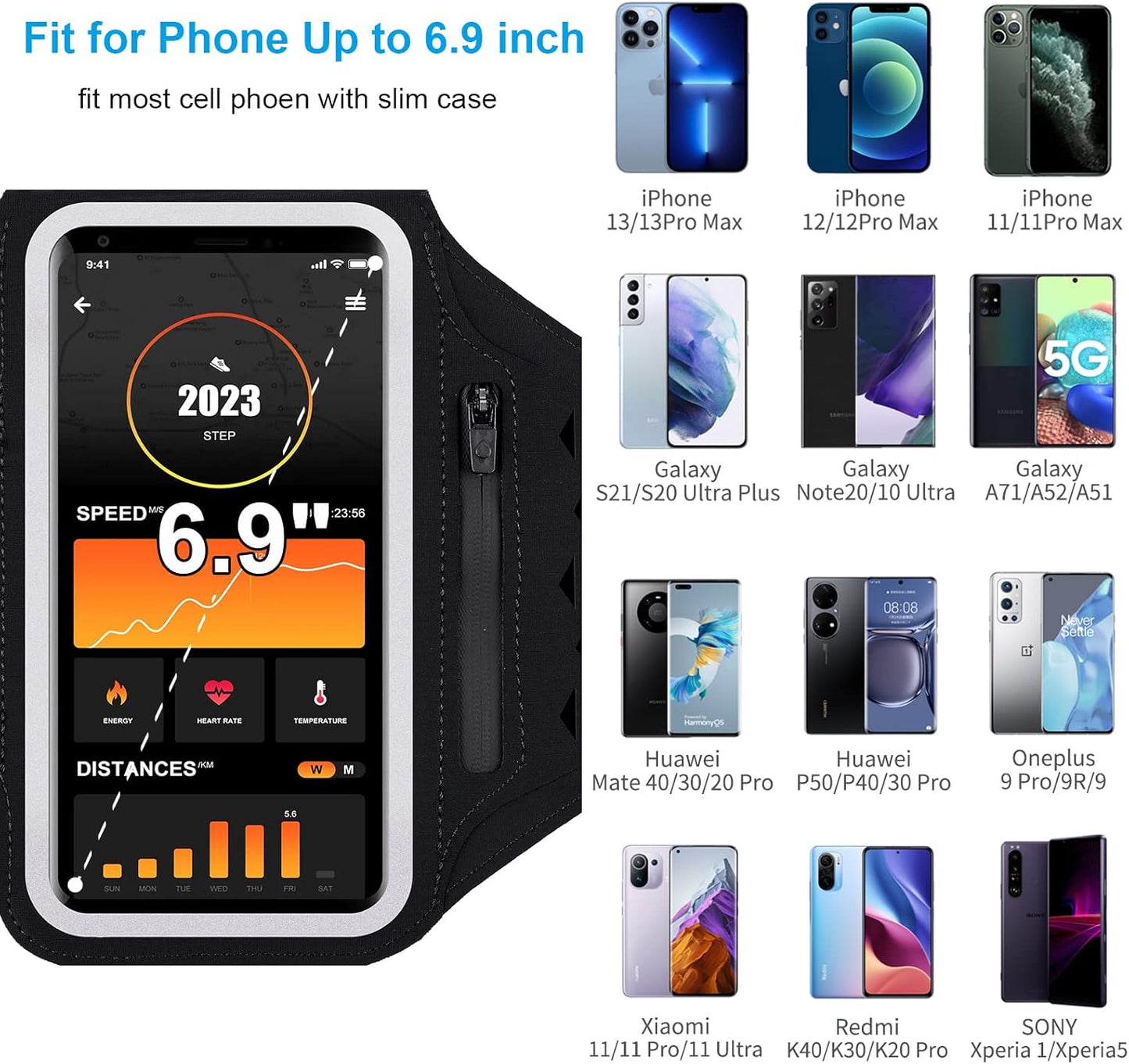 Running Armband with Earphone Bag Cell Phone Armband for iPhone 16 15 Pro 14 Plus 13 11 XR XS, Galaxy S24/S10 Water Resistant Sports Phone Holder Case & Zipper Slot Car Key Holder for 6.9 inch Phone