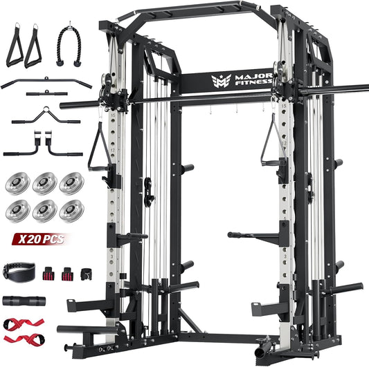 Major Fitness Drone2 Advanced Training Smith Machines– All-in-One Home Gym Squat Rack with Aluminum Pulley Set , Weight Bar, Dual LAT Pull-Down Systems & Cable Crossover Machine for Full-Body Workouts