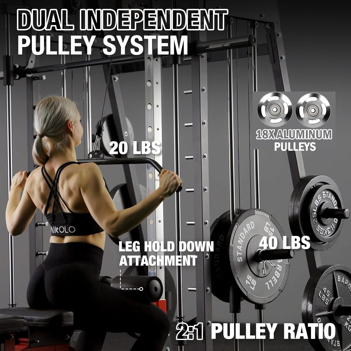 Mikolo Smith Machine, 2200lbs Squat Rack with LAT-Pull Down System & Cable Crossover Machine, Training Equipment with Leg Hold-Down Attachment