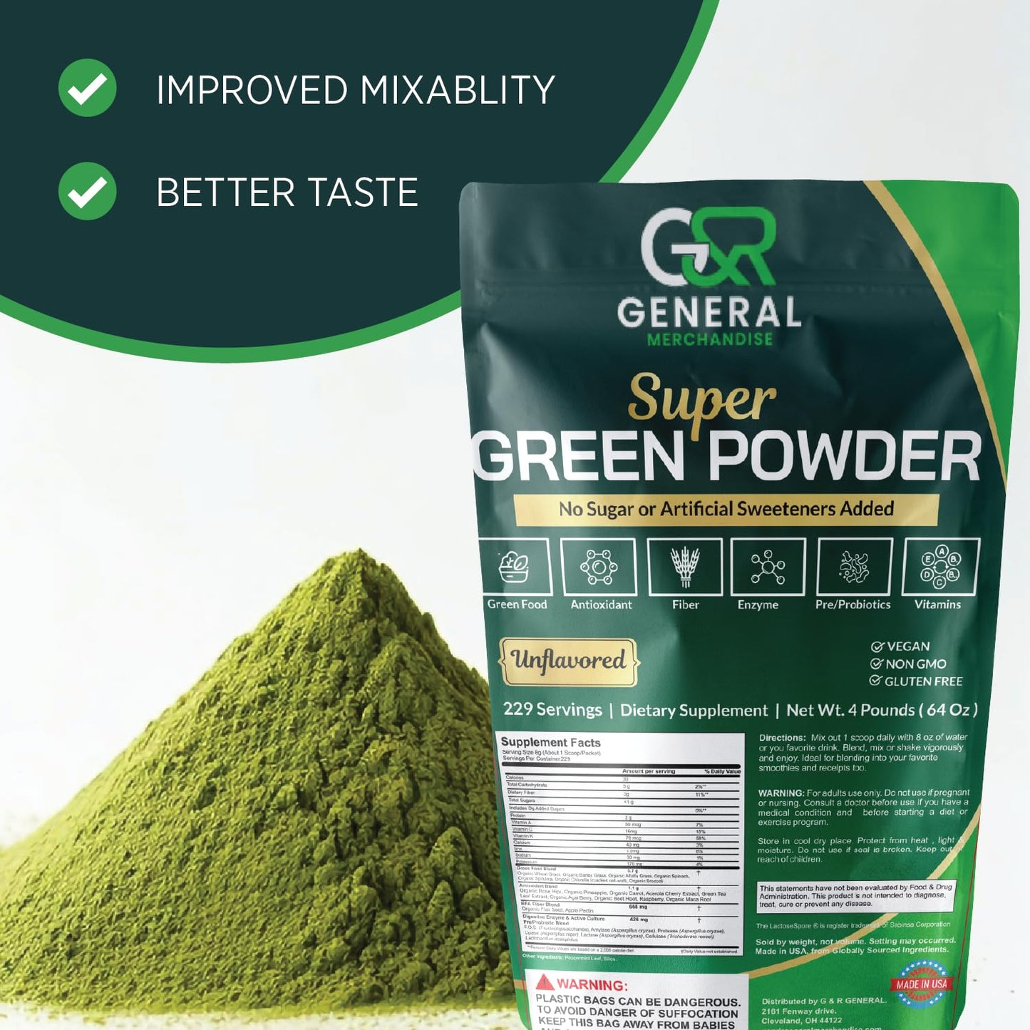 Super Greens Powder Superfood Organic, 229 Servings Digestive Enzymes, Probiotics & Vitamins Vegetables (Wheatgrass, Spirulina & more), Fruits, 4 Pounds(64oz).
