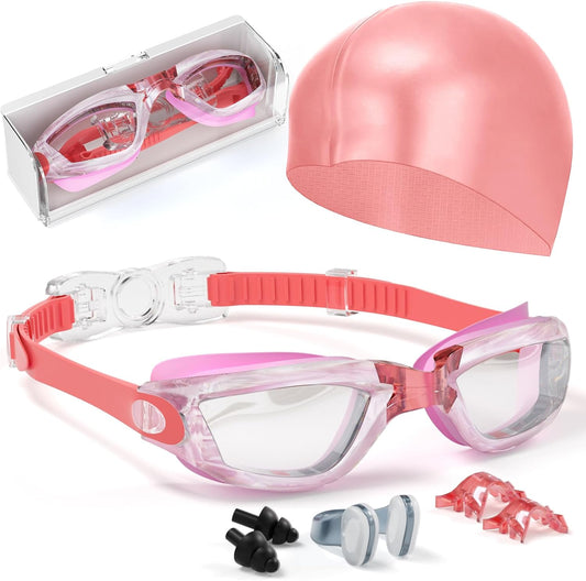 Kids Swim Goggles, Swimming Goggles for Kids Toddlers 3-14 with Swim Cap, Nose Clip, Nose Bridge, Ear Plugs