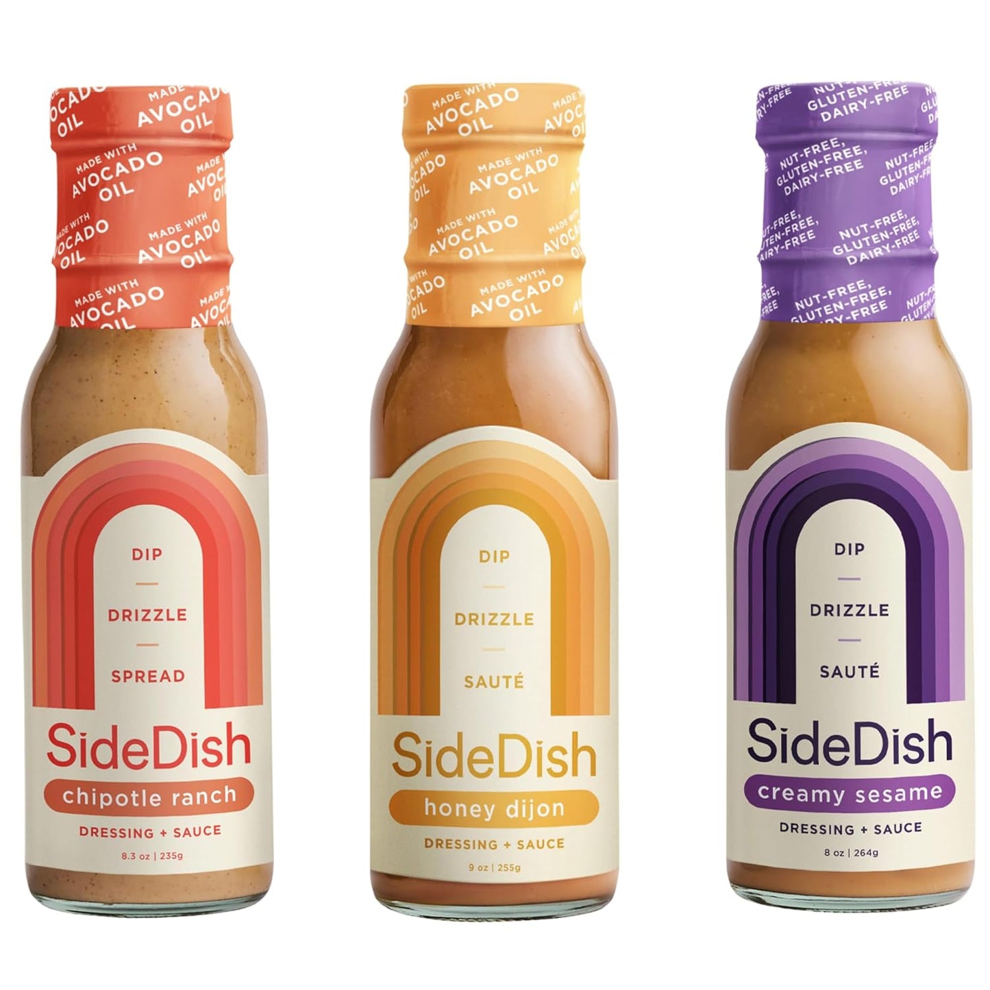 SideDish Salad Dressing Variety Pack (Pack of 3) – Chipotle Ranch, Creamy Sesame, Honey Dijon Made w/Avocado Oil – Healthy, Dairy & Gluten Free Cooking Sauces – Whole30 Dressing for Dips, Sauces