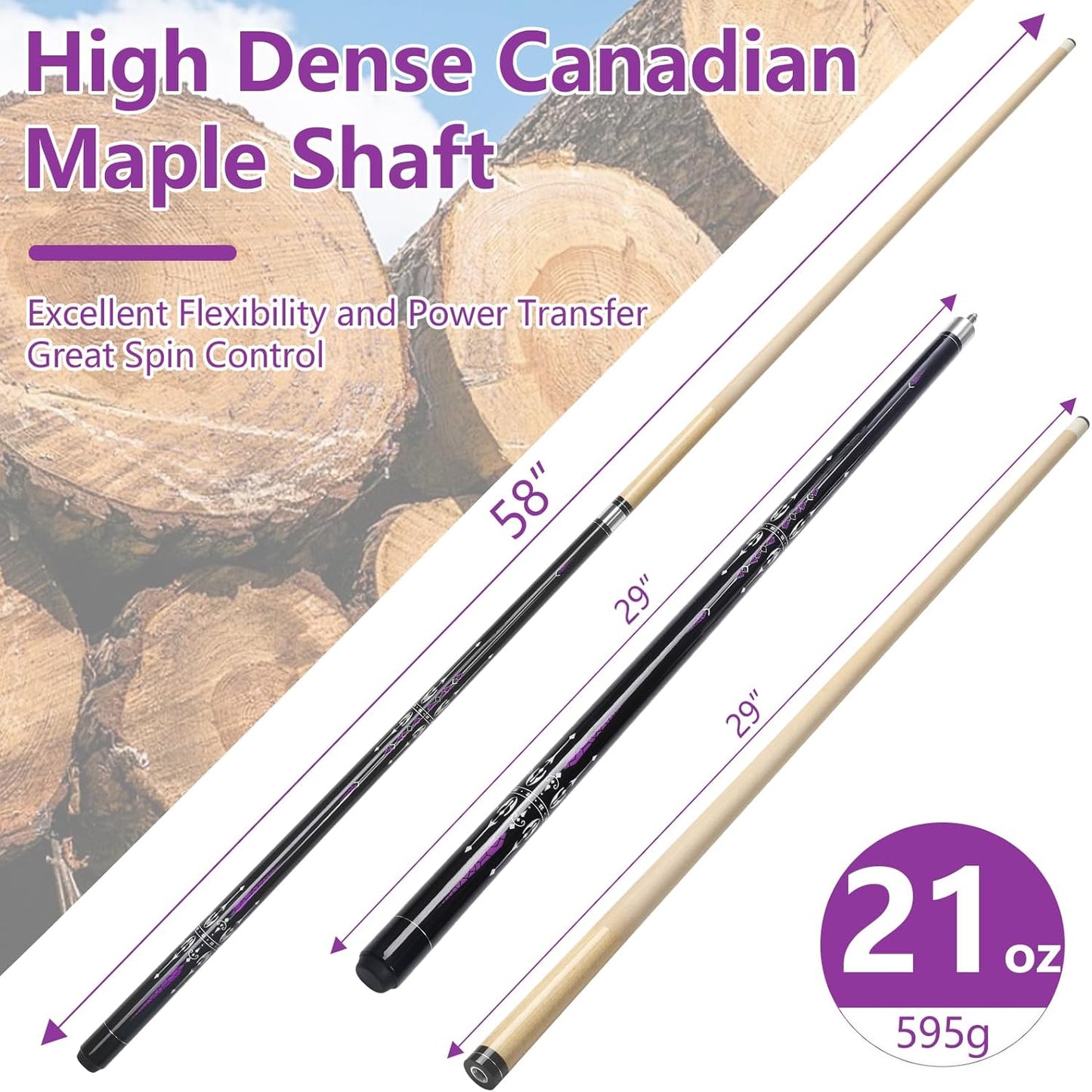 Pool Cue, 58" Billiard Cue Stick 2-Piece 13mm Maple Wood Pool Cue Stick 18 19 20 21oz for Bar House Pool Table Sports