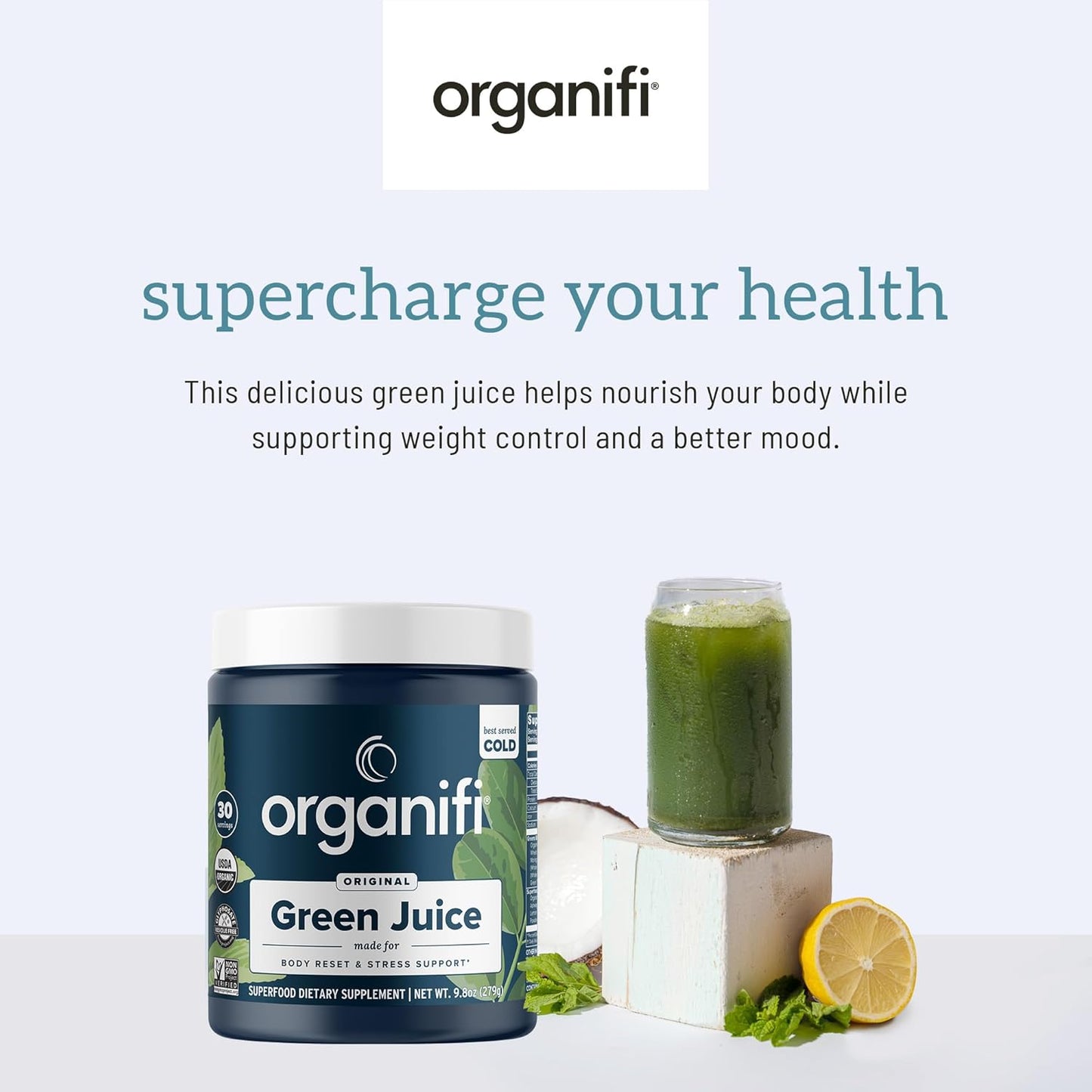 Organifi Green Juice - Powder Supplement with Organic Spirulina, Ashwagandha, and Chlorella - Helps Achieve Fitness Goals and Reduce Cortisol Levels, 30-Day Supply
